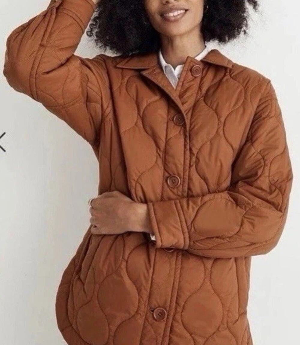 Madewell Size M Coat Brown Quilted Primaloft Airpuff Long Shirt Jacket Buttons